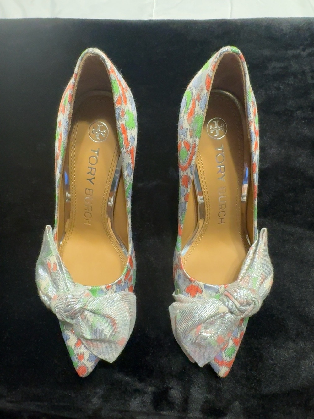 Tory Burch Clara Floral Metallic Bow d’Orsay Pumps Heels Size 5M Style 56255